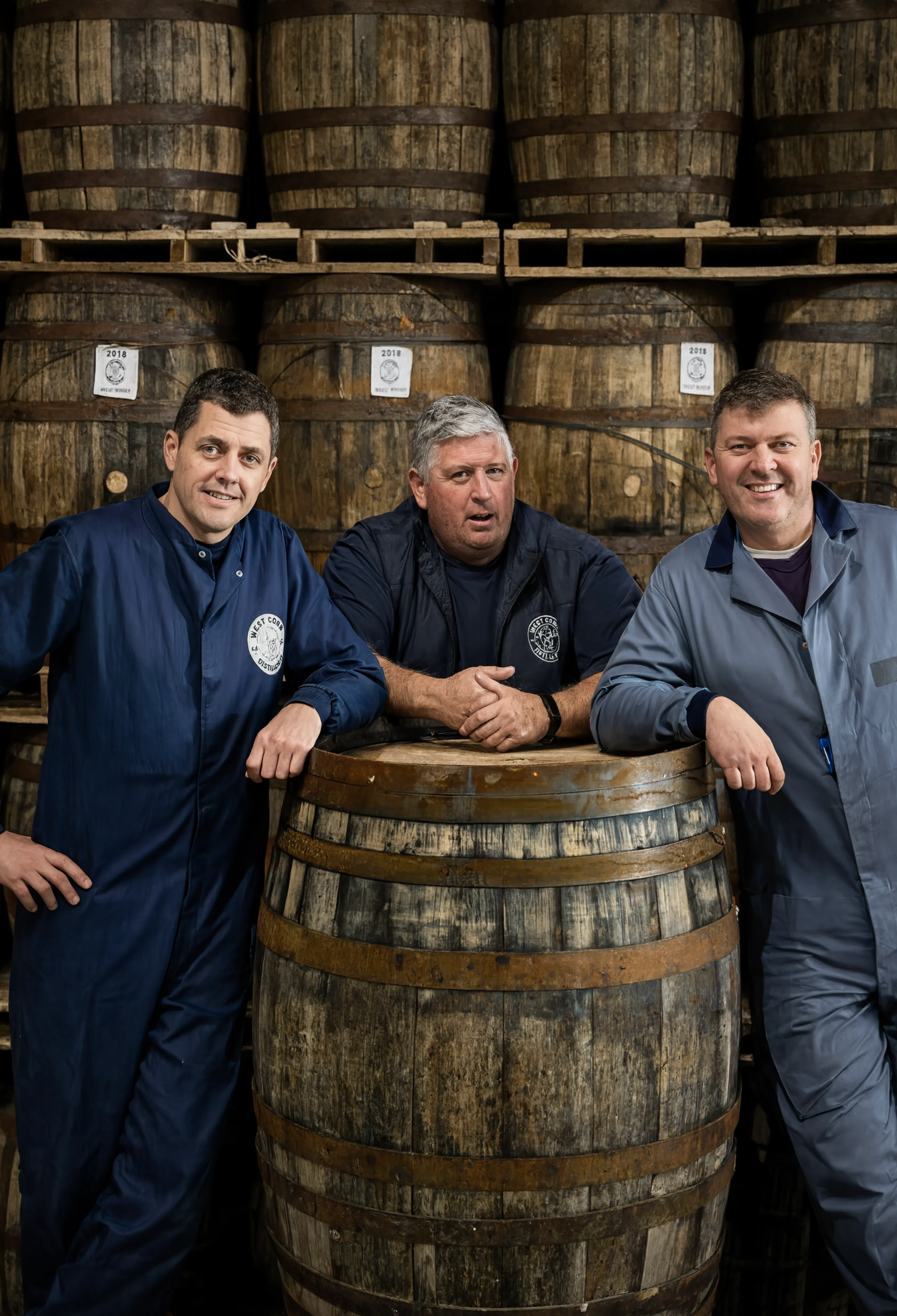 Three members of the West Cork Distillery team leaning on a whiskey barrel in the warehouse