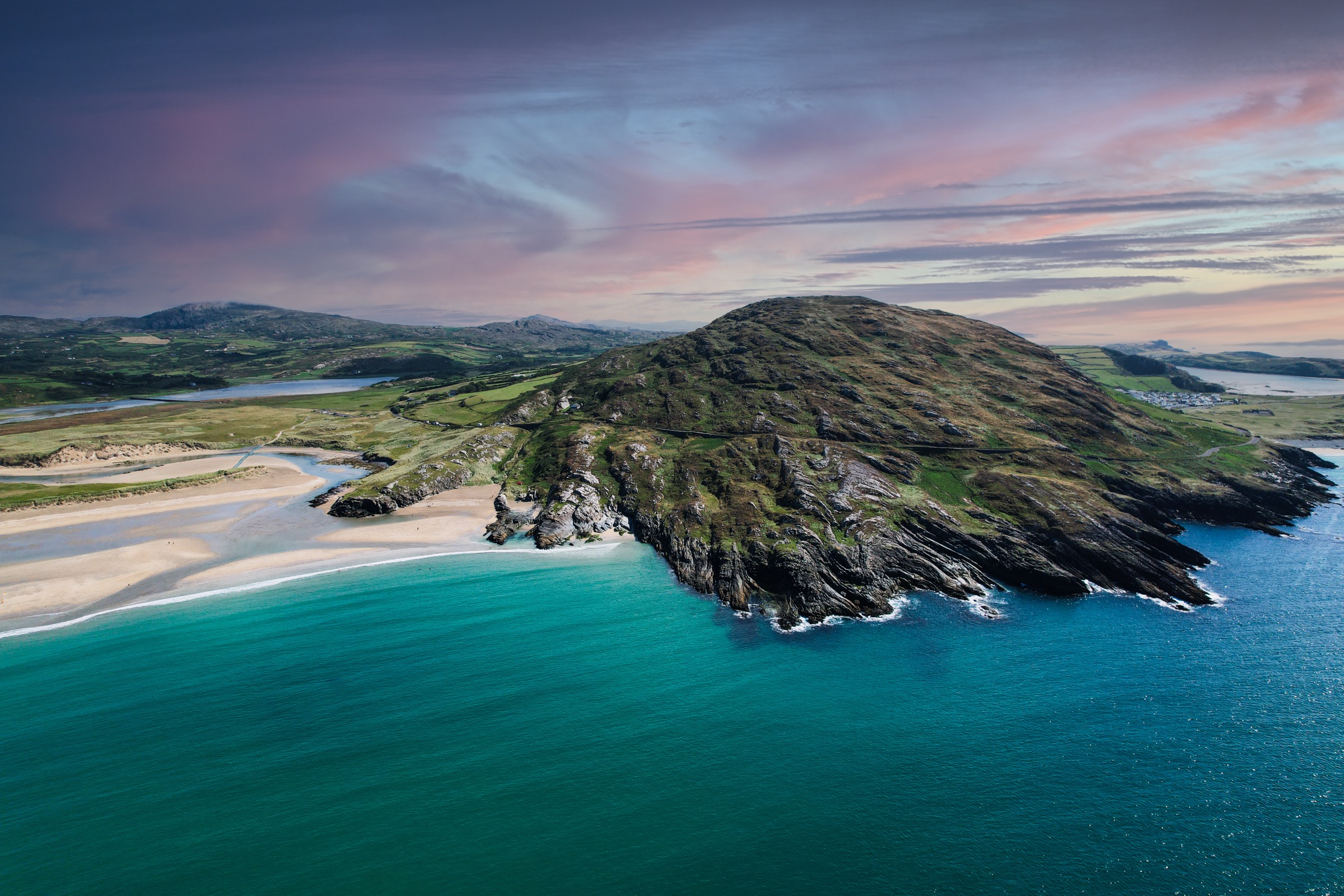 Aerial view of Barleycove beach and cliffs on the West Cork coastline