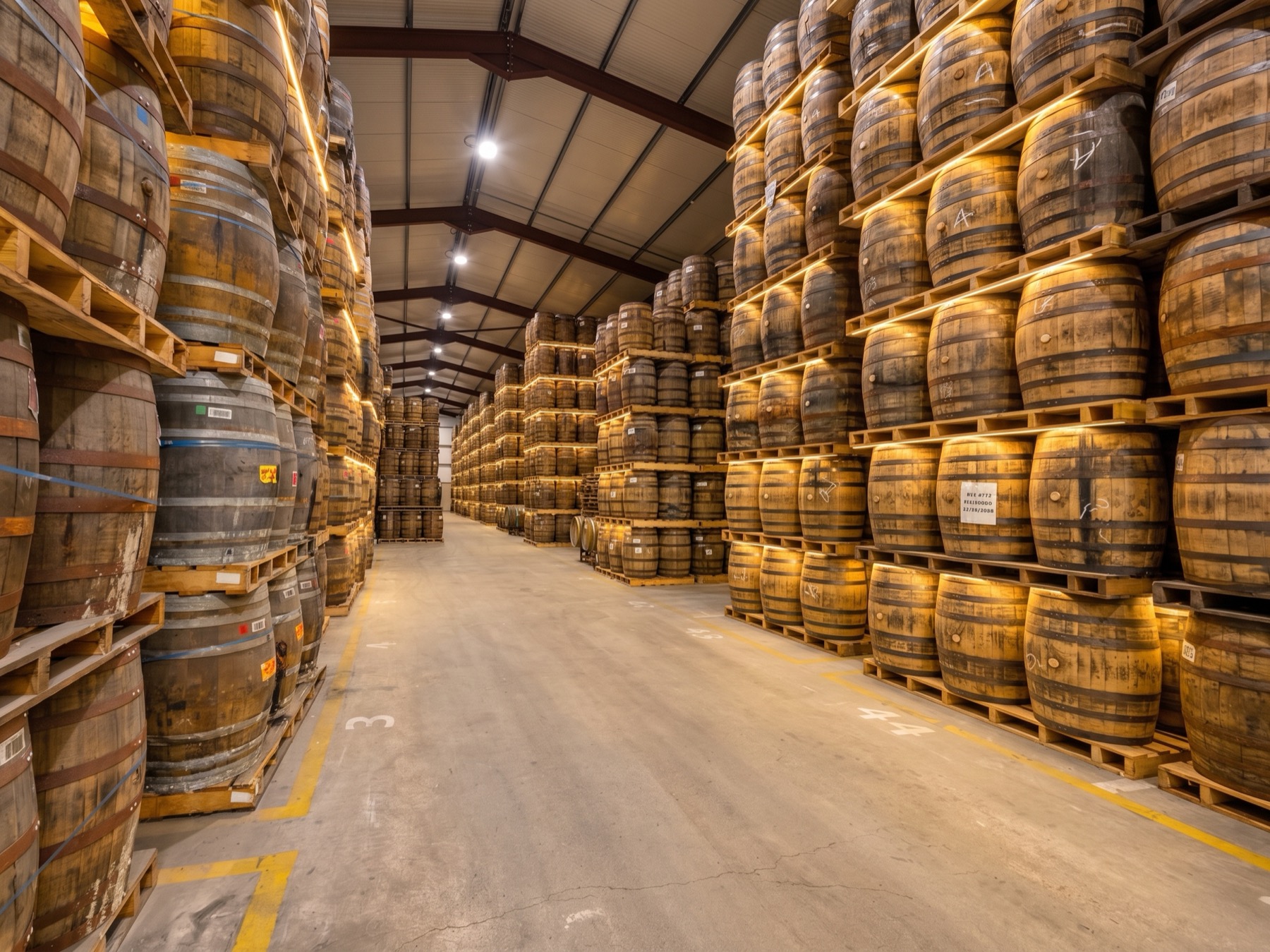 Rows of maturing casks stacked in the West Cork Distillers warehouse